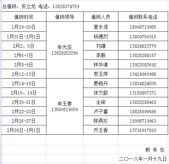 教务处2017-2018学年第一学期寒假值班安排表